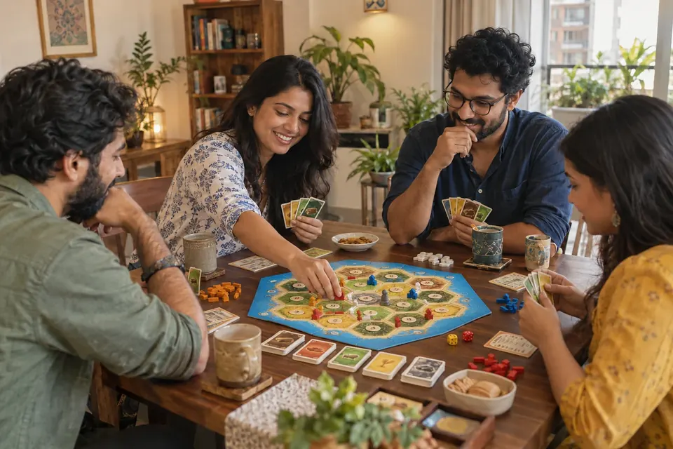 AI illustration of four friends playing Catan, based on real game references