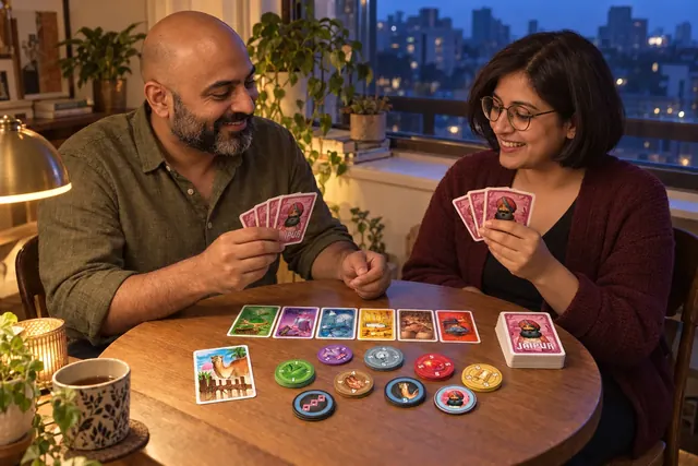 A couple playing Jaipur after dinner; an illustration based on real game components.