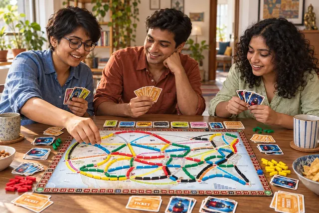 Three friends learning Ticket to Ride at home; an illustration based on real game components.