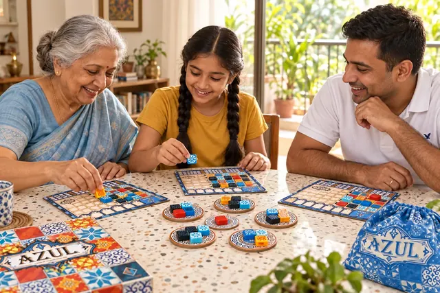 A grandmother, child and father enjoying Azul; an illustration based on real game components.