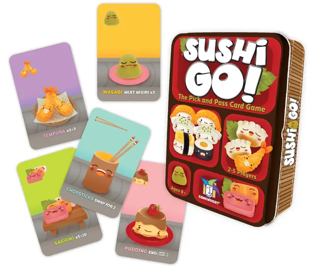 Sushi Go! cards displayed beside their storage tin.