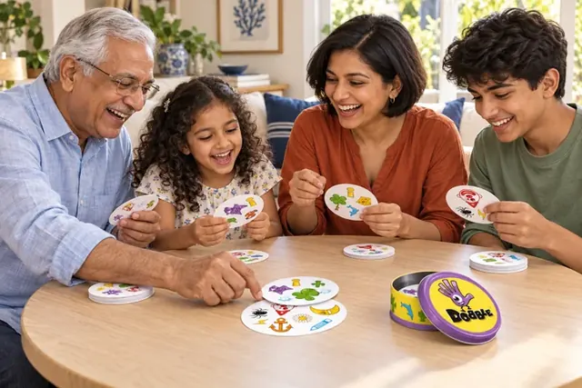 Editorial illustration of a grandfather, mother, girl and teenage boy enjoying Dobble together.