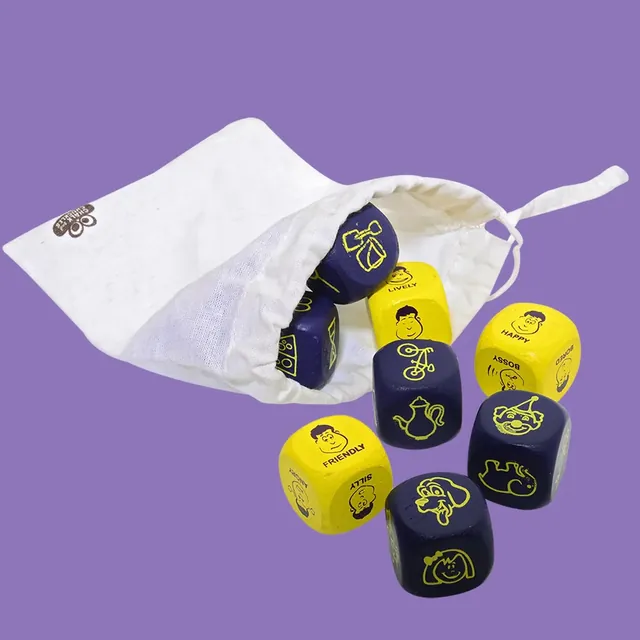 Blue and yellow picture dice spilling out of the cloth bag