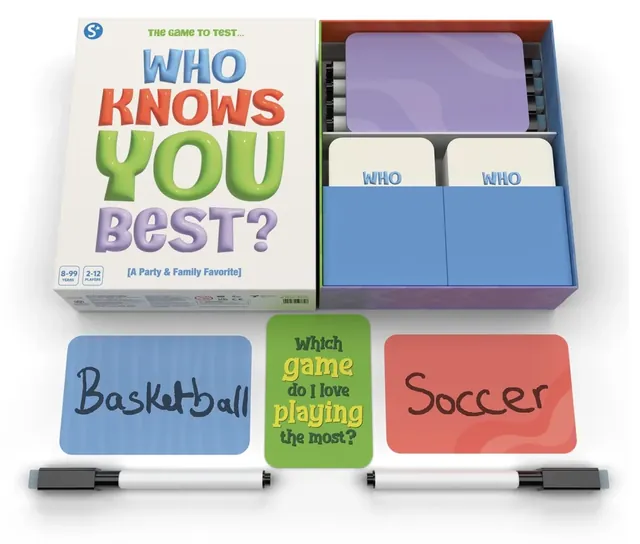 The opened box with its card tray, blank answer cards and markers, and answer cards reading Basketball and Soccer
