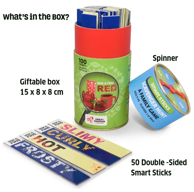 What's in the box: a 15 x 8 x 8 cm tube, the spinner and 50 double-sided smart sticks