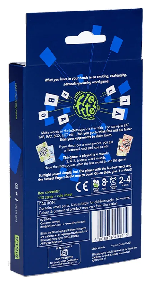 The Fletter box back with the rules, icons for ages 8+ and 2-4 players and the line 'Made in India'