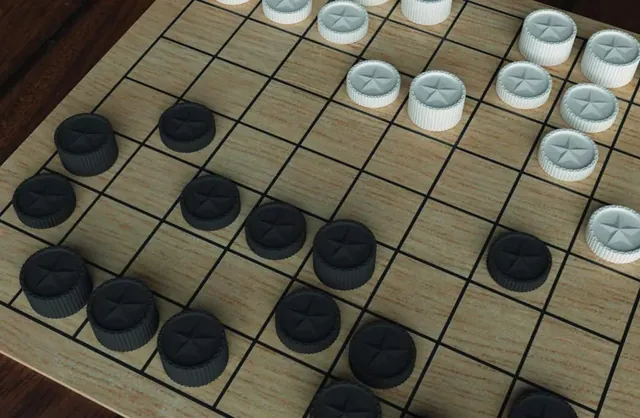 Black and white Backlash tokens spread across the board in the middle of a game