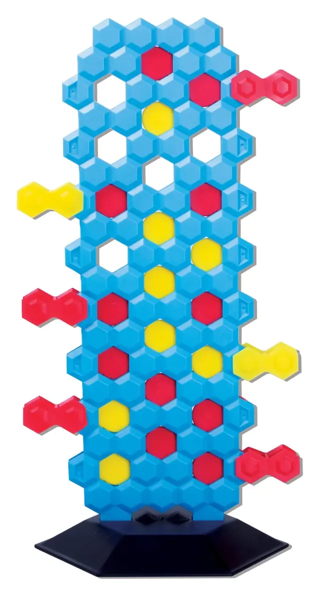 The blue Triple Cross tower on its black base, with red and yellow discs pushed into its rows