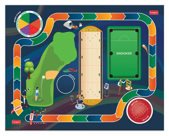The Super 9 in 1 board: a race track around golf, bowling and snooker areas, with a spinner in the corner