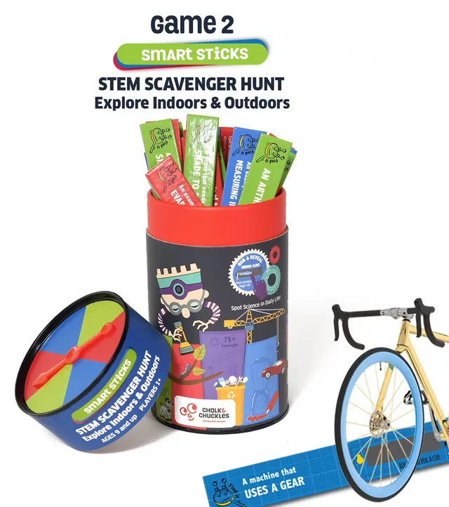 The open tube with sticks and the spinner lid, and a stick asking for a machine that uses a gear, next to a bicycle