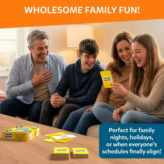 A family with two teenagers laughing on a sofa around the cards