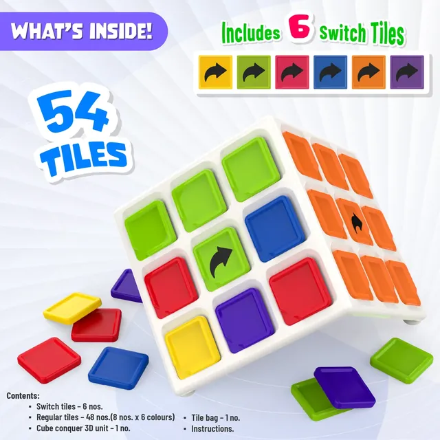 A contents graphic: the cube unit, 48 coloured tiles and 6 switch tiles with arrows