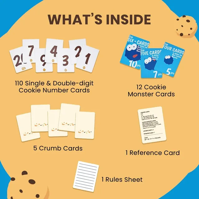 Binca's picture of the contents: number cards, 12 cookie monster cards, 5 crumb cards, a reference card and a rules sheet