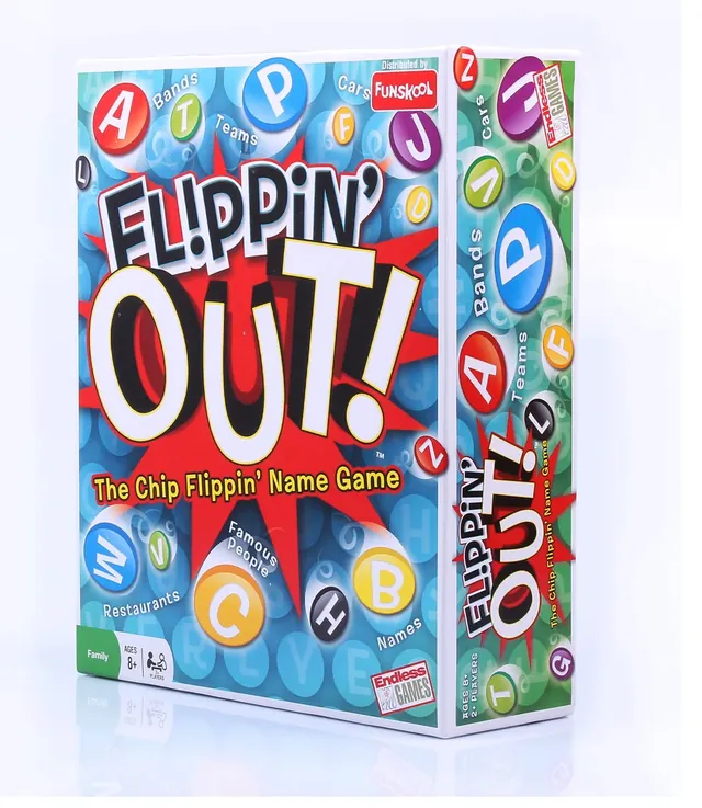 The Flippin' Out box seen from an angle, with letter chips printed down the side