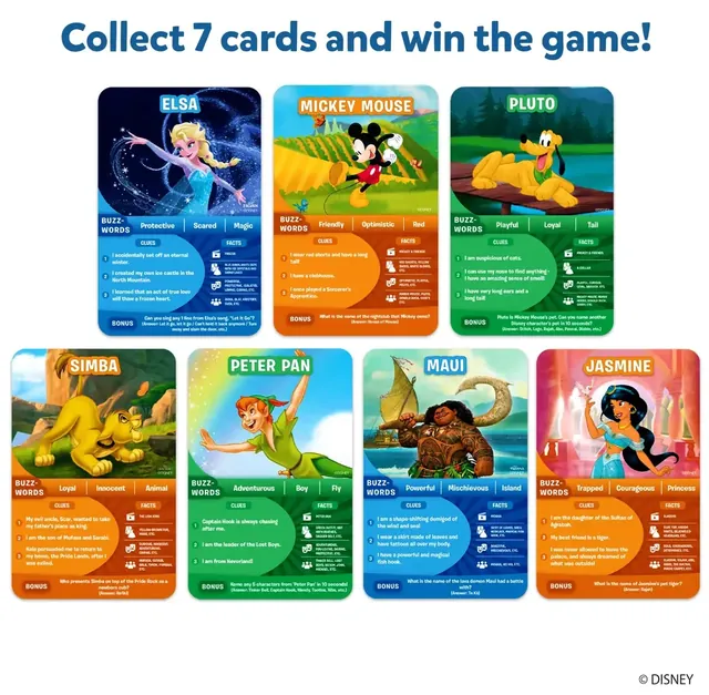 Seven Disney game cards: Elsa, Mickey Mouse, Pluto, Simba, Peter Pan, Maui and Jasmine