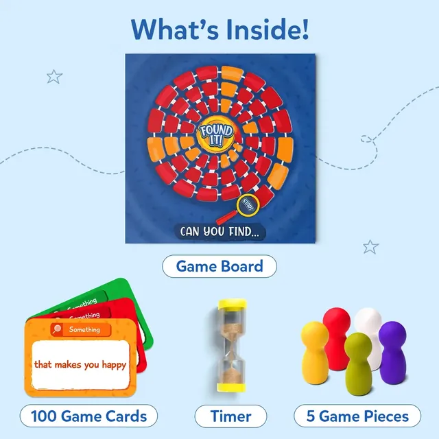 Found It! contents: a round swirl board, clue cards, a sand timer and five coloured playing pieces