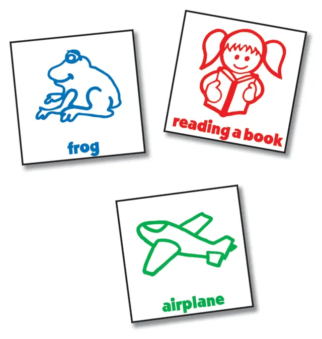 Three picture cards: a frog, a girl reading a book and an airplane