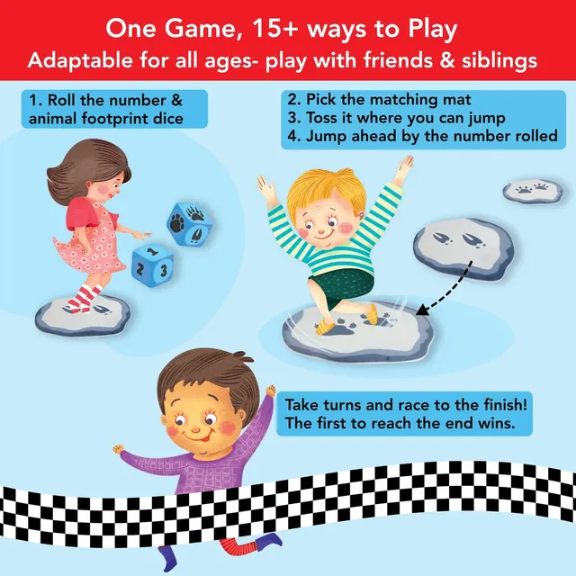 How to play: roll the number and footprint dice, pick the matching mat, toss it and jump ahead by the number rolled; the first to the end wins