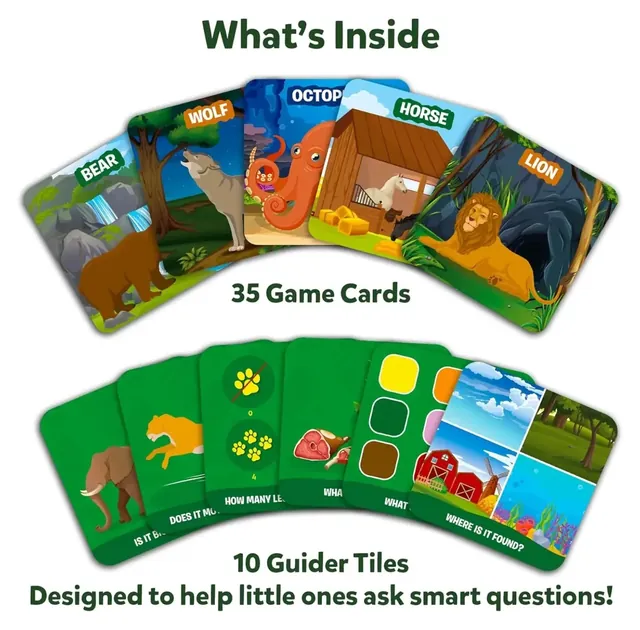 35 animal game cards, among them a bear, a wolf, an octopus, a horse and a lion, and 10 picture guider tiles