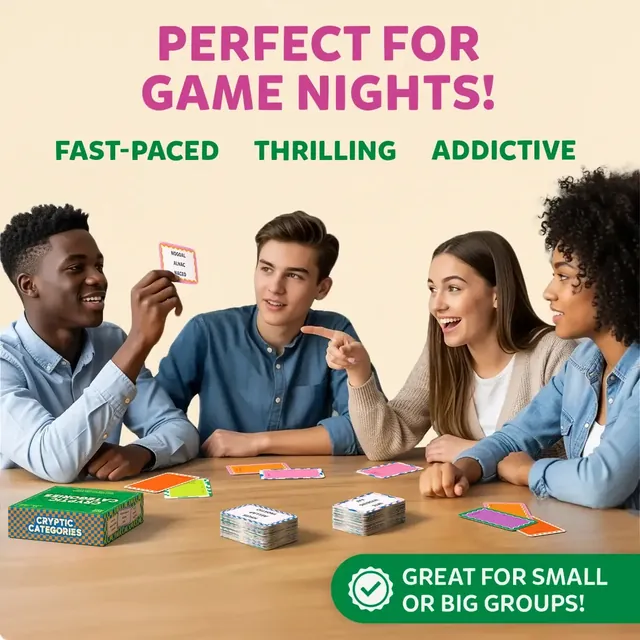 Four young adults playing at a table, one holding up a card