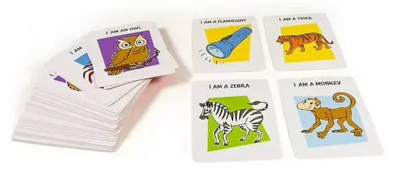 Picture cards of an owl, a flashlight, a tiger, a zebra and a monkey