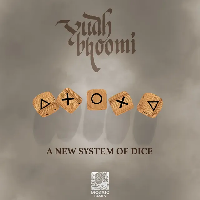 Five wooden dice with triangle, cross and circle faces