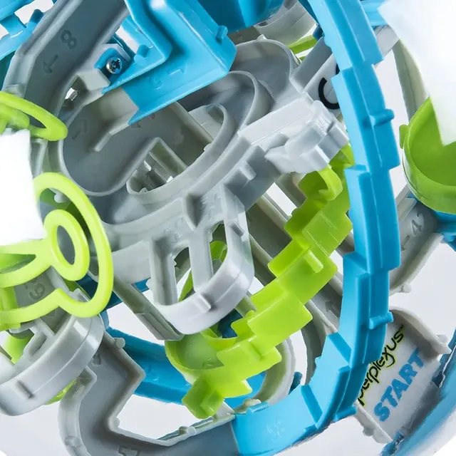 A close-up of the grey, blue and green track inside the sphere, near the START marker