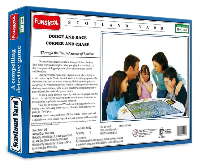 Back of the Funskool Scotland Yard box, with a description of the game, the contents list and a family photo