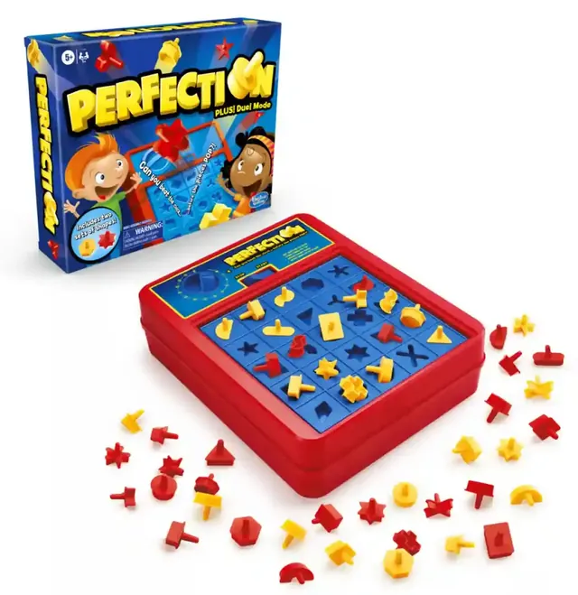 The Perfection Plus box with the game unit and shapes in front of it
