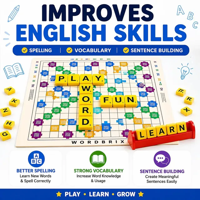 The WordBrix board with words such as PLAY, WORD, FUN and LEARN built from crossing tiles