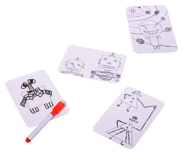 Shape cards turned into drawings of a robot, a girl and a face, with a wipe-clean marker