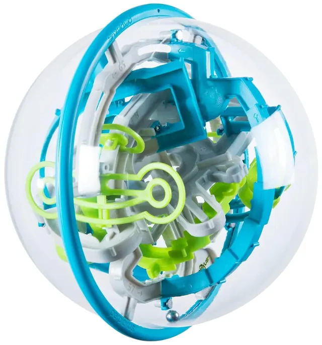 The clear Perplexus Rebel sphere with its blue ring and grey and green track
