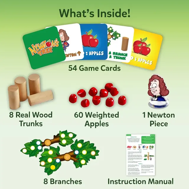 Newton's Tree laid out: game cards, wooden trunks, red weighted apples, the Newton piece, green branches and the manual