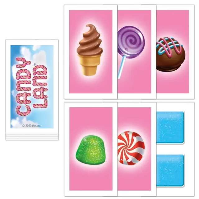 Candy Land cards: the card back and picture cards of an ice cream, a lollipop, a gumdrop and a peppermint