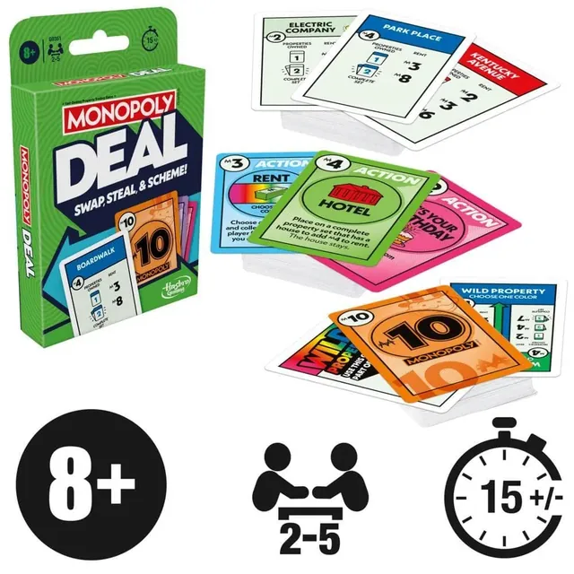 The Monopoly Deal box with cards fanned beside it and icons for ages 8 and up, 2 to 5 players and 15 minutes