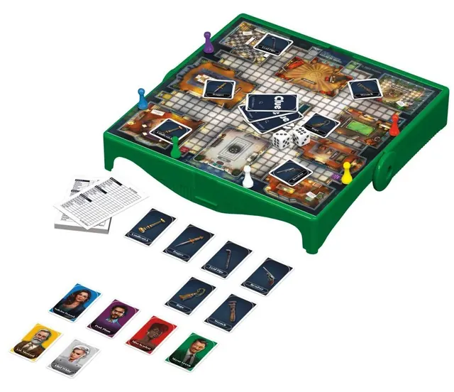 The travel board on its green storage base, with the movers, cards, dice and detective notepad