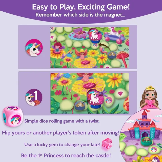 Easy to play: roll the die, flip your own or another player's token after moving, use a lucky gem, and be the first princess to the castle