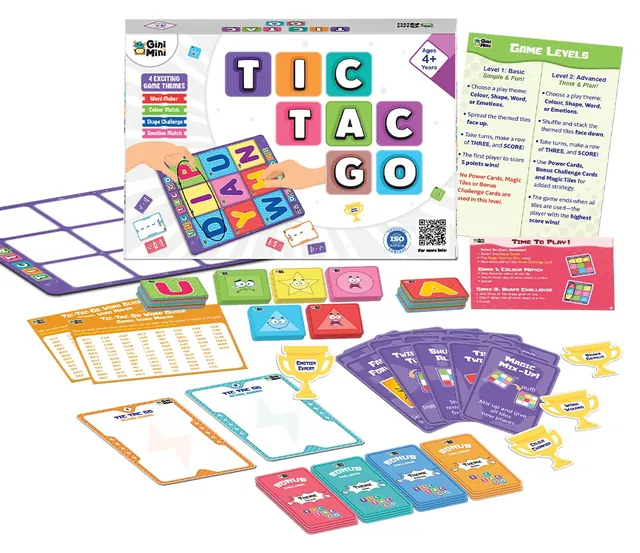 The box, the game board, double-sided tiles, power-up cards, scoreboards, trophies and the Game Levels guide laid out