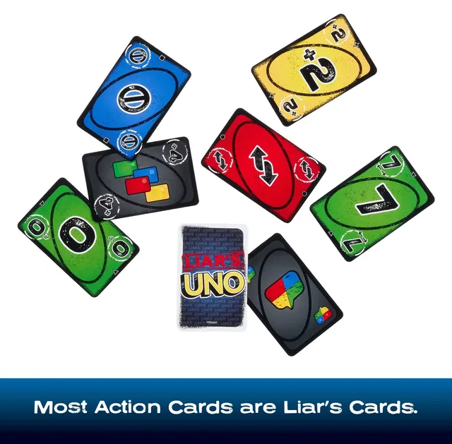 Liar's UNO cards including Draw Two, Reverse and Wild cards, beside the dark card back
