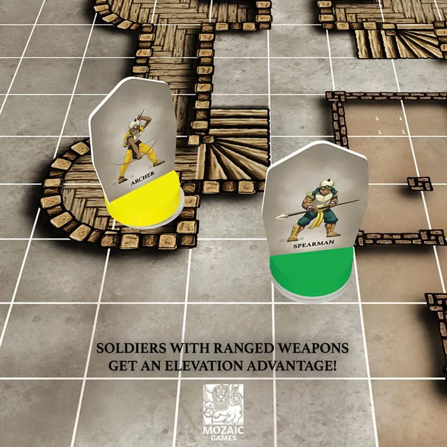 An archer and a spearman cut-out on coloured stands on the fort walls