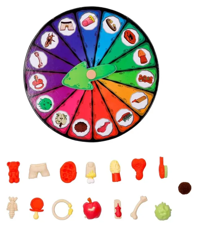The spinning wheel with pictures of the objects, above the small gross objects in rows