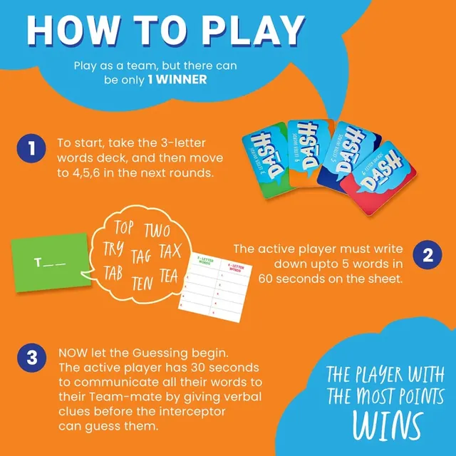 Binca's how-to-play picture: write words for a card in 60 seconds, then clue them in 30 seconds