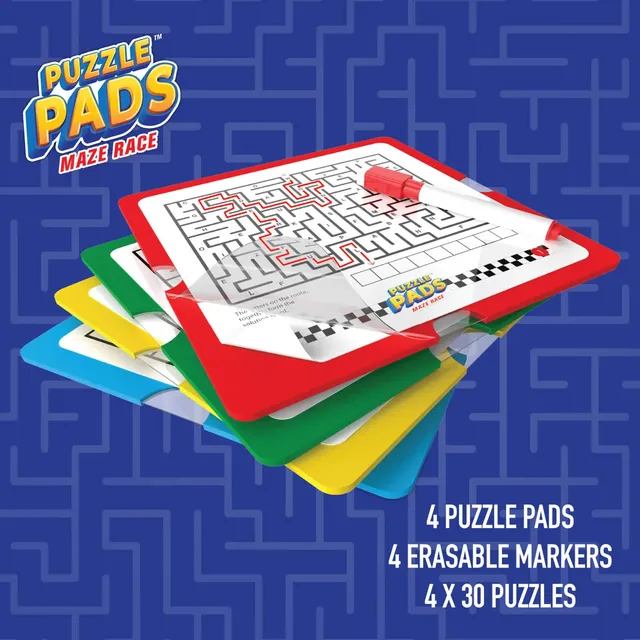Four coloured puzzle pads stacked under a maze card, with a red marker tracing the way out