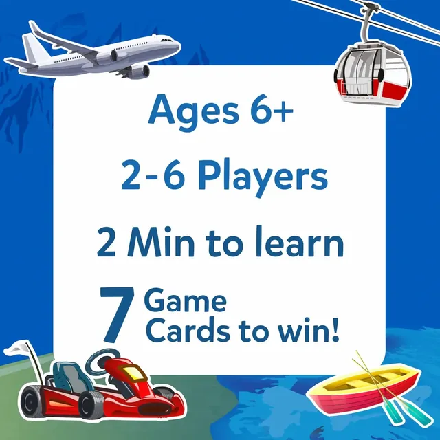 Panel reading ages 6+, 2-6 players, 2 minutes to learn and 7 game cards to win, with an airplane, a cable car and a go-kart