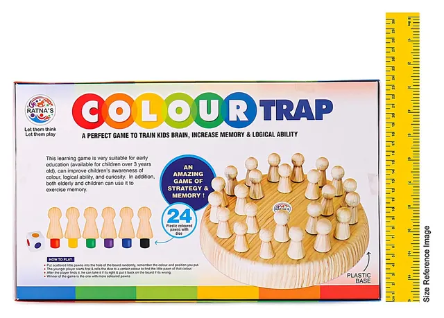 The Colour Trap box back with the four-line rules and the 24 coloured pawns