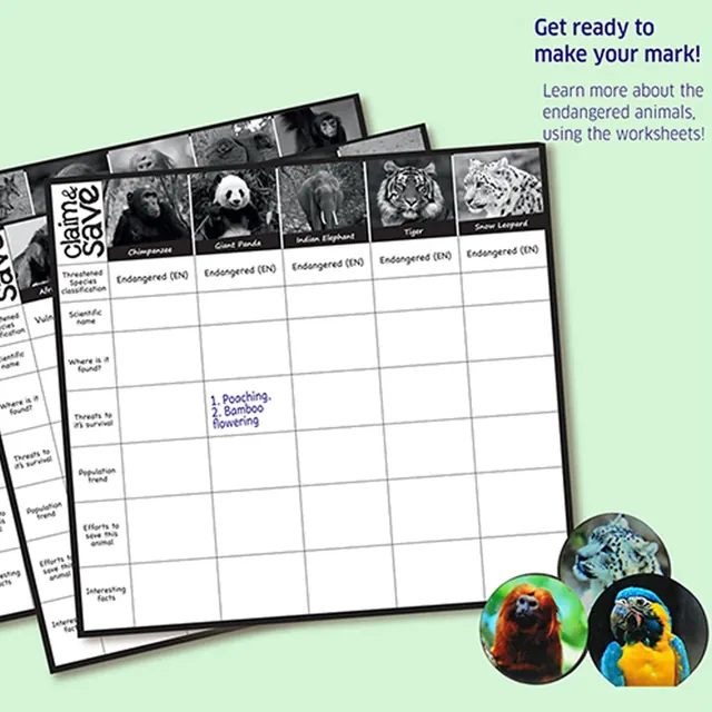 The worksheet for finding out about endangered animals, with rows for the scientific name, where each lives and the threats it faces