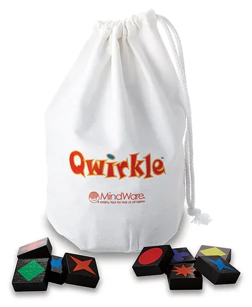 A white Qwirkle drawstring bag with a few tiles in front