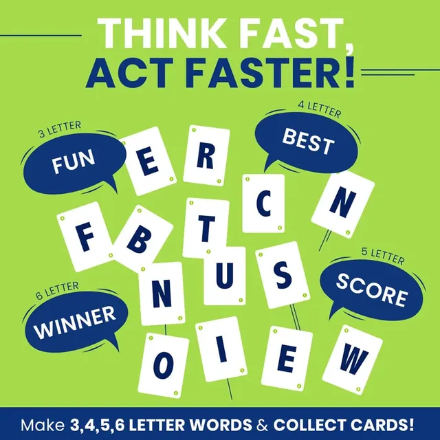 Letter cards spelling words such as FUN, BEST, SCORE and WINNER