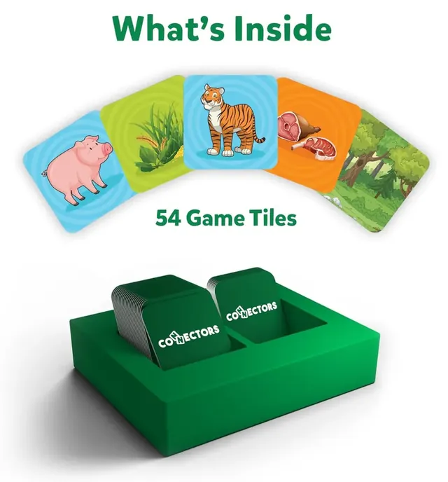 Picture tiles of a pig, grass, a tiger, meat and a forest, above the green storage box