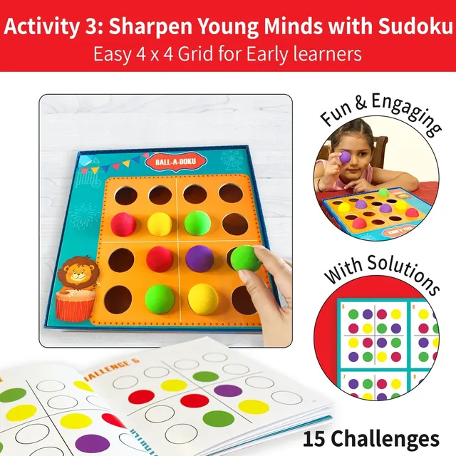 Activity 3, Ball-a-doku: a 4 by 4 colour sudoku with coloured balls, with 15 challenges and solutions